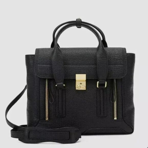 3.1 Phillip Lim Pashli Medium Black Gold Leather Satchel Crossbody Handbag OS - Picture 1 of 7